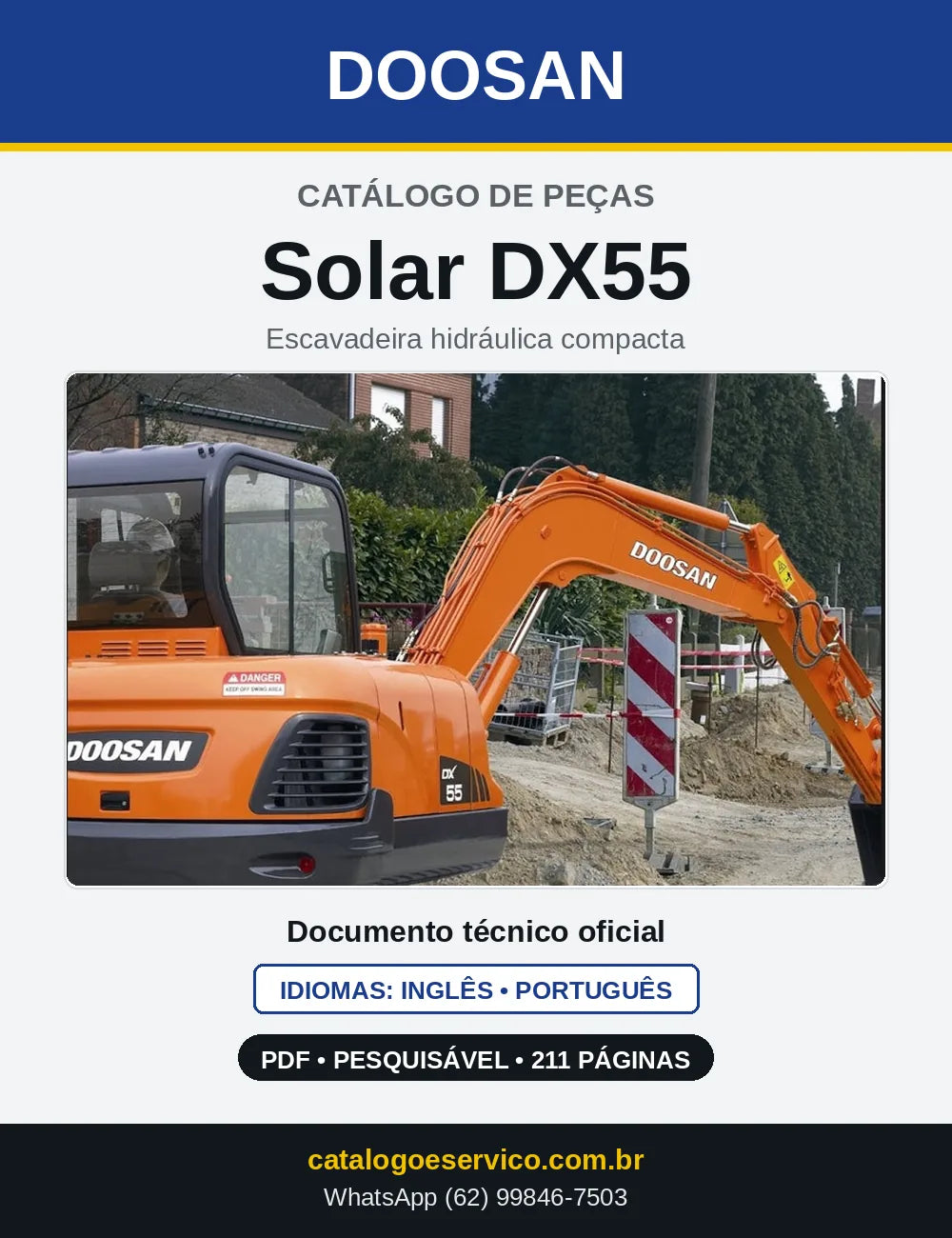 Capa do Catálogo de Peças Doosan Solar DX55 em PDF, inglês e português