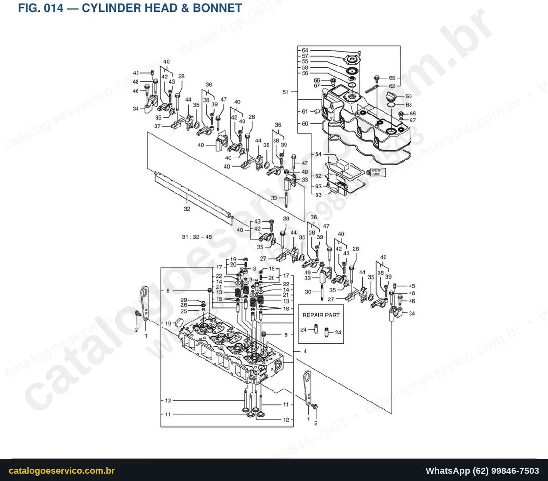 Vista explodida Cylinder Head & Bonnet - Catálogo de Peças Doosan Solar DX55