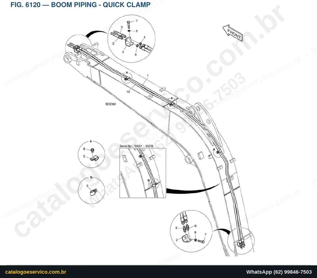 Vista explodida Boom Piping - Quick Clamp - Catálogo de Peças Doosan Solar DX55