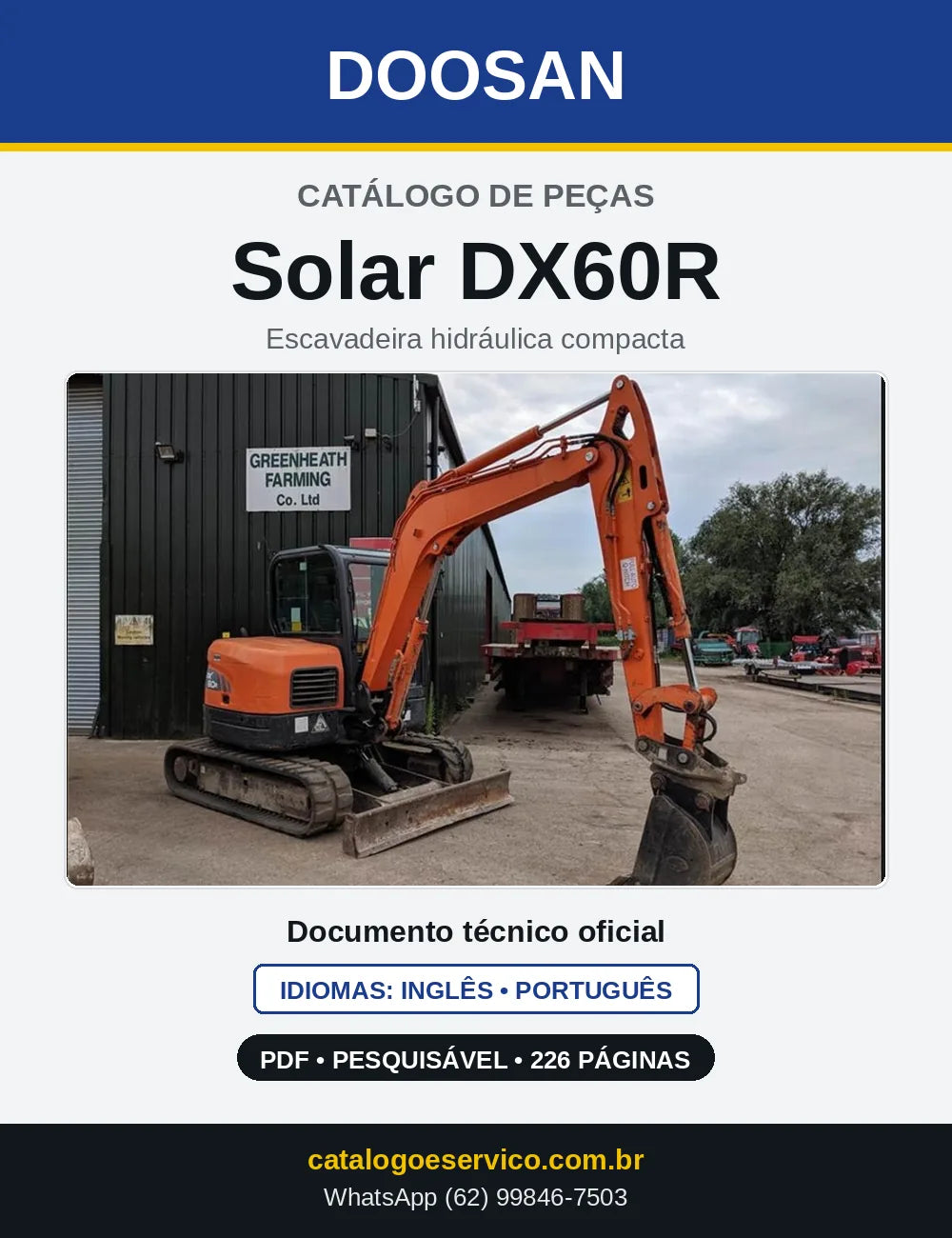 Capa do Catálogo de Peças Doosan Solar DX60R em PDF, inglês e português