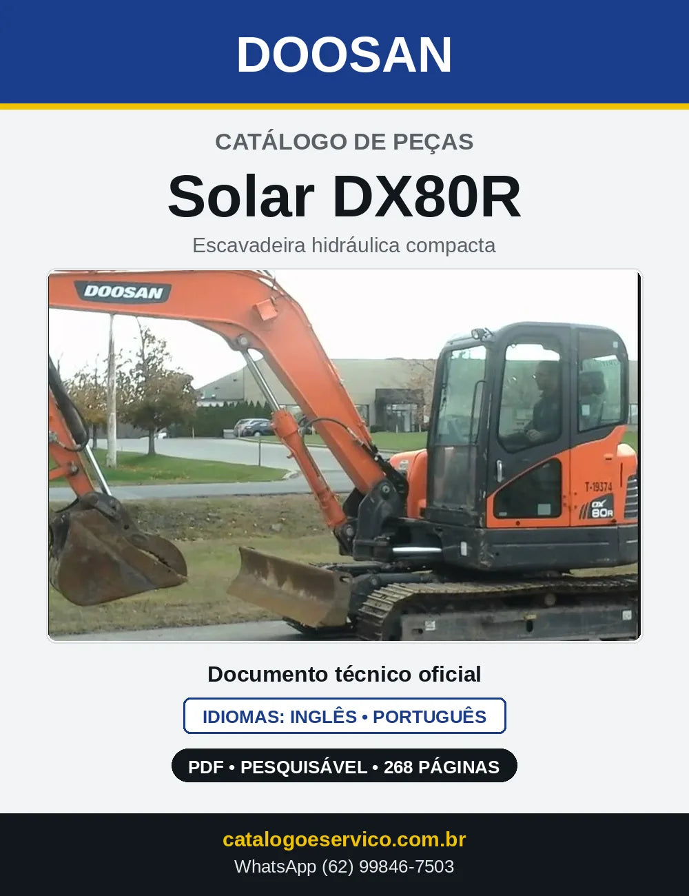 Capa do Catálogo de Peças Doosan Solar DX80R em PDF, inglês e português