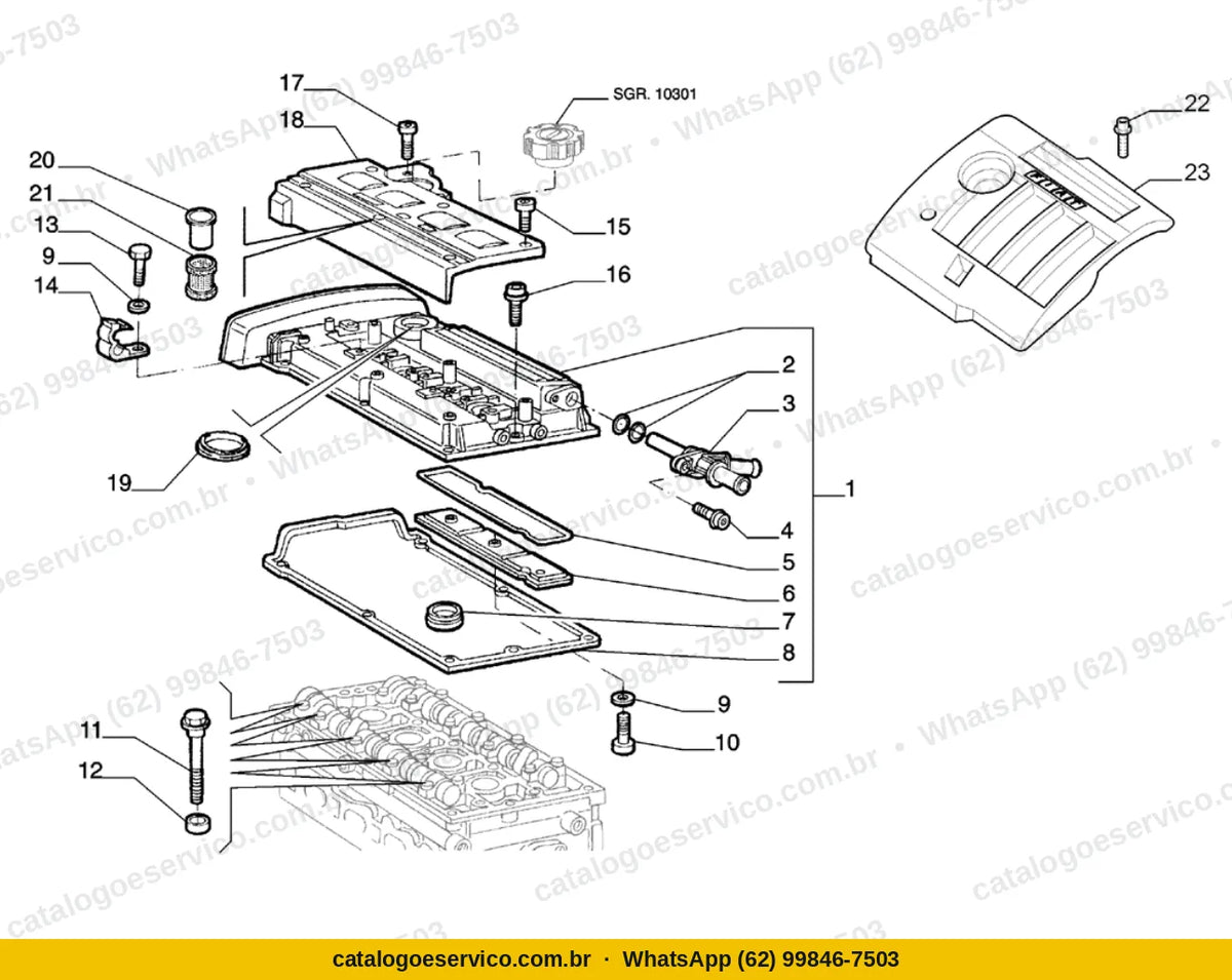 Vista explodida do Catálogo de Peças Fiat Marea ELX 1.8 16V: Bloco e cabeçote