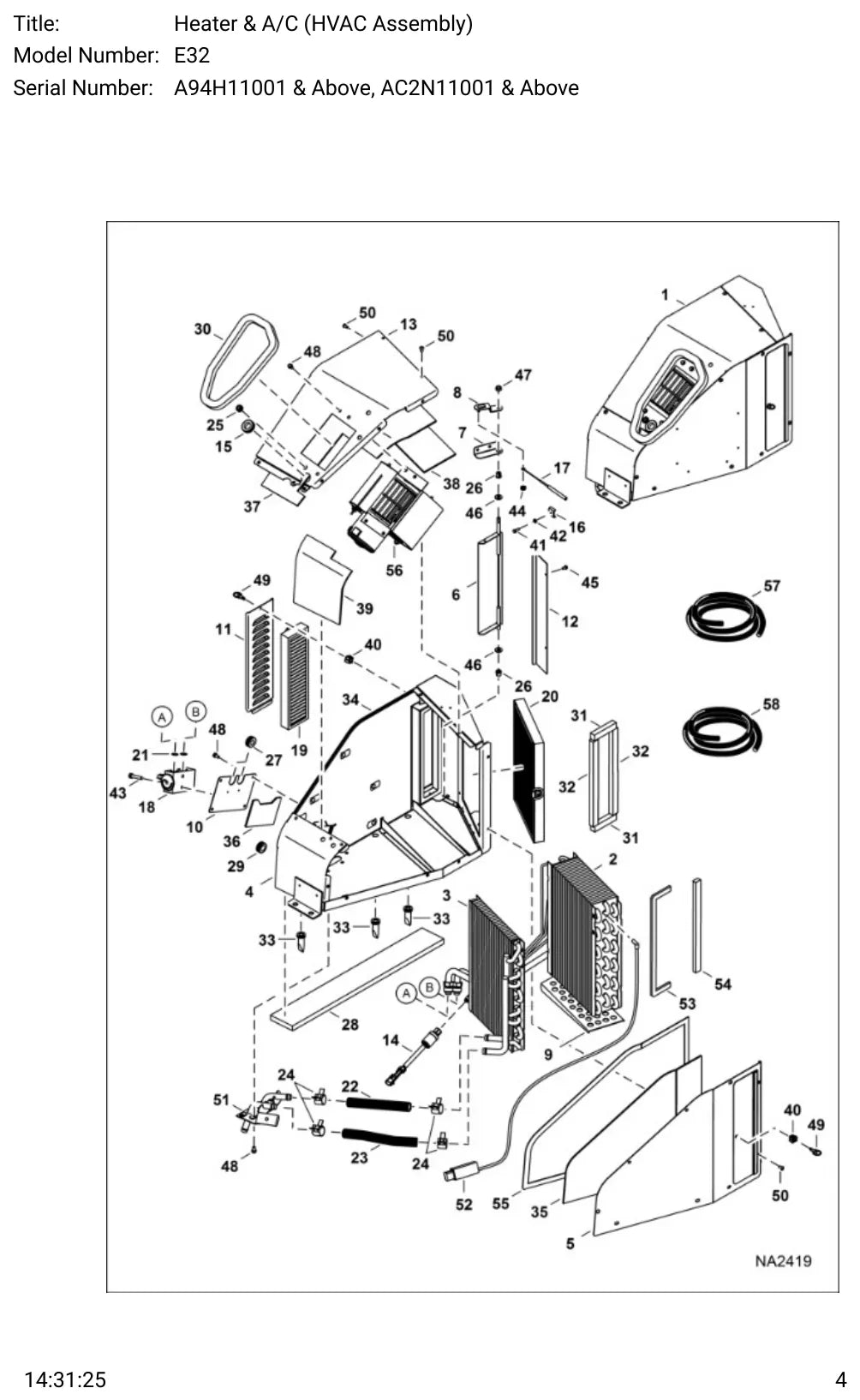 Página ilustrada do Catálogo de Peças Bobcat E32 com as posições numeradas