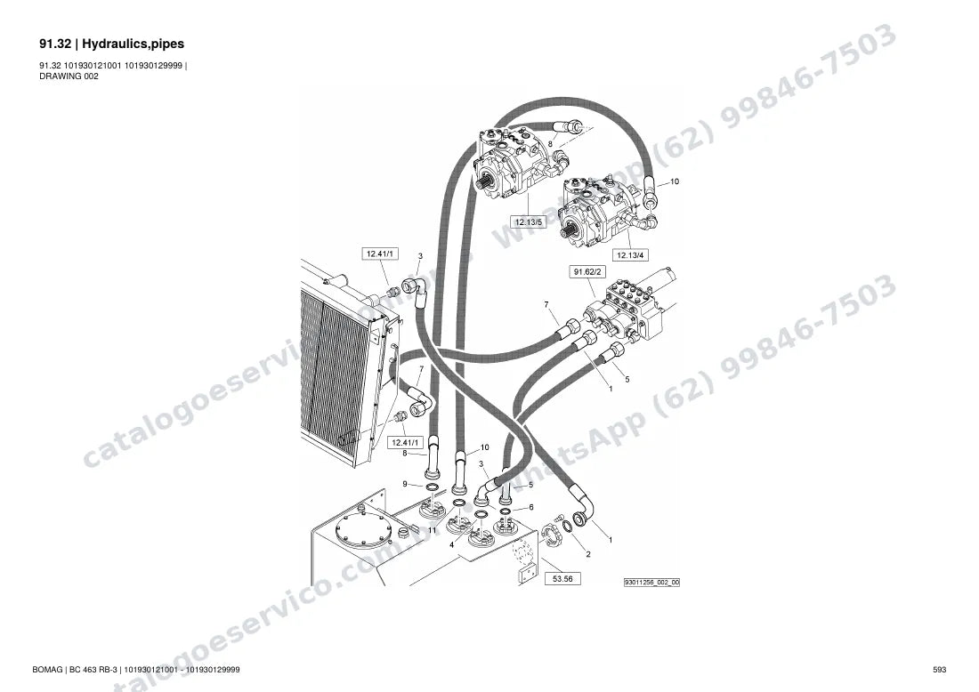 Catálogo de peças Bomag BC 463 RB-3: vista explodida do conjunto 91.32 Hydraulics,pipes