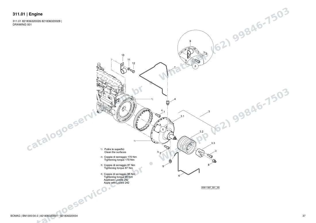 Catálogo de peças Bomag BM 1300/30-2: vista explodida do conjunto 311.01 Engine