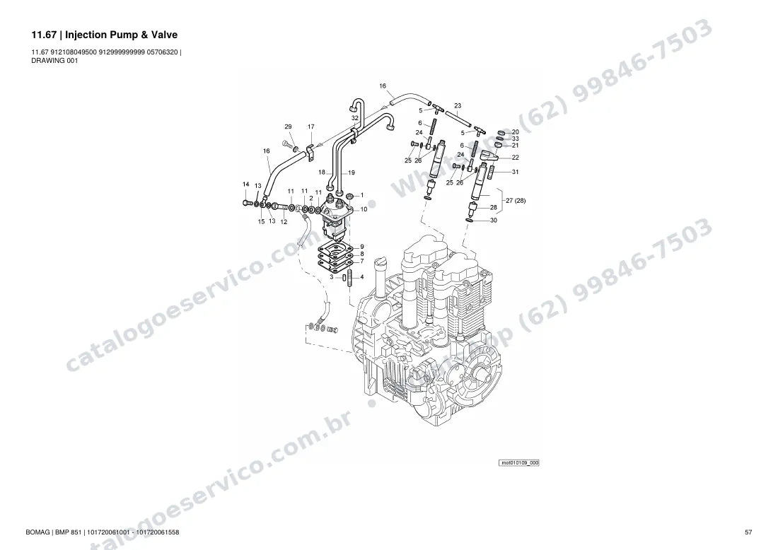 Catálogo de peças Bomag BMP 851: vista explodida do conjunto 11.67 Injection Pump & Valve