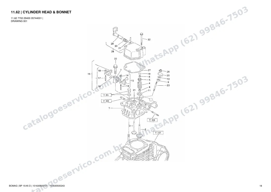 Catálogo de peças Bomag BP 15/45 D: vista explodida do conjunto 11.62 CYLINDER HEAD & BONNET
