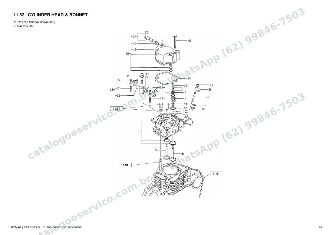 Catálogo de peças Bomag BPR 30/38 D: vista explodida do conjunto 11.62 CYLINDER HEAD & BONNET