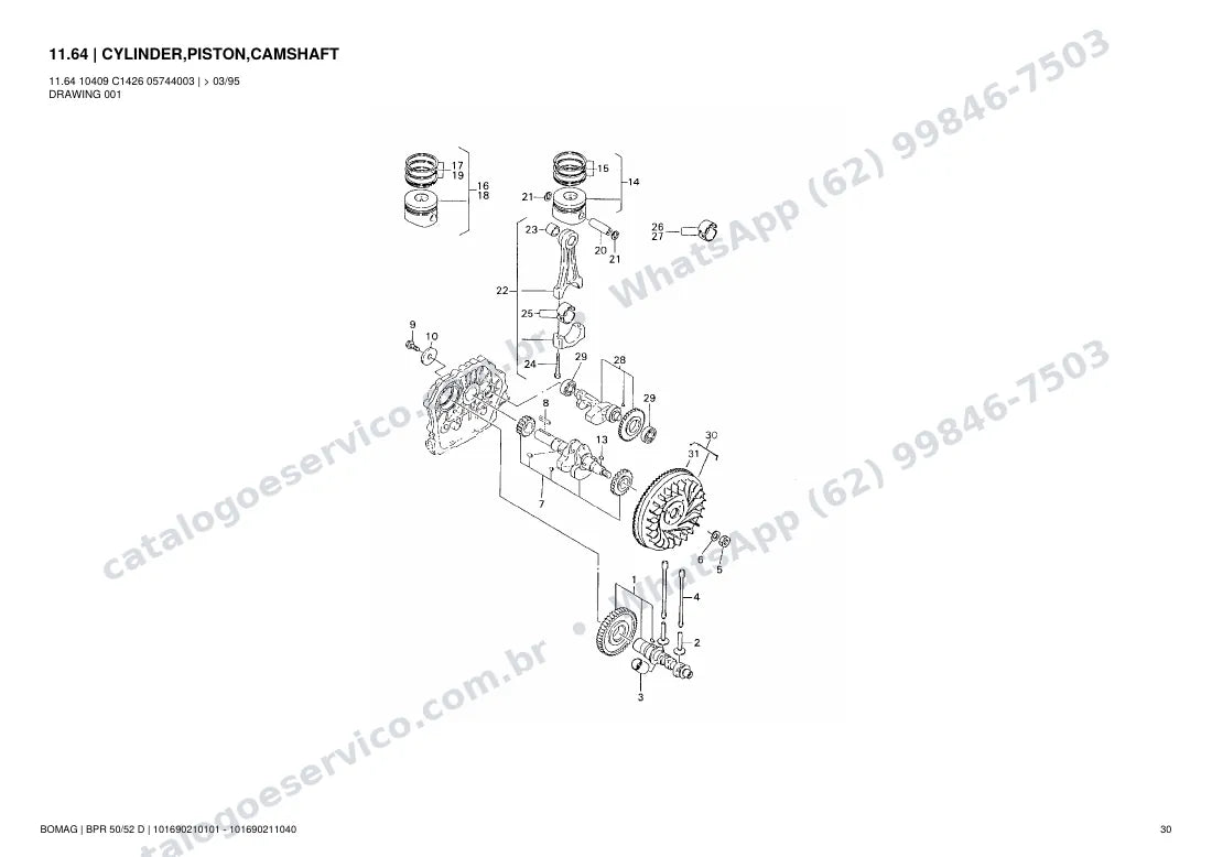 Catálogo de peças Bomag BPR 50/52 D: vista explodida do conjunto 11.64 CYLINDER,PISTON,CAMSHAFT