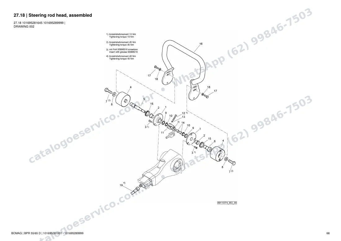 Catálogo de peças Bomag BPR 55/65 D: vista explodida do conjunto 27.18 Steering rod head, assembled