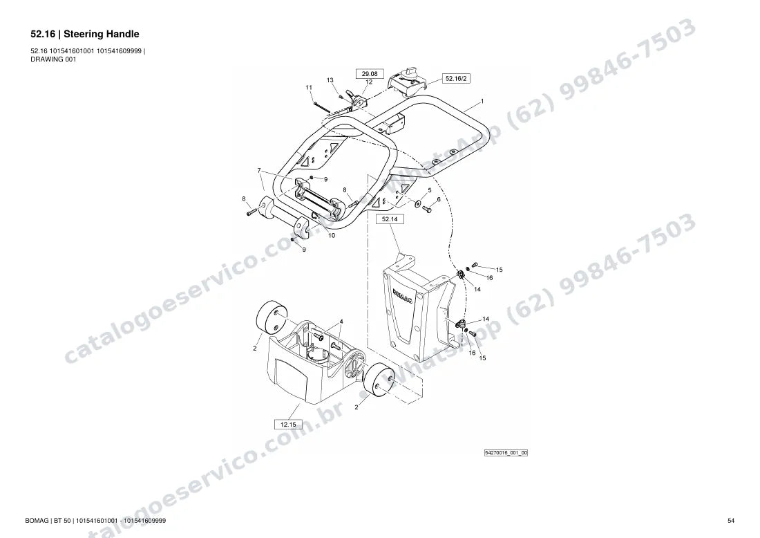 Catálogo de peças Bomag BT 50: vista explodida do conjunto 52.16 Steering Handle