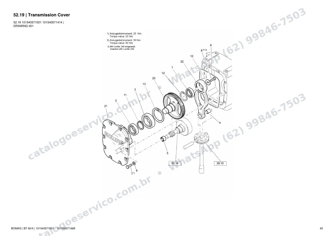 Catálogo de peças Bomag BT 60/4: vista explodida do conjunto 52.19 Transmission Cover