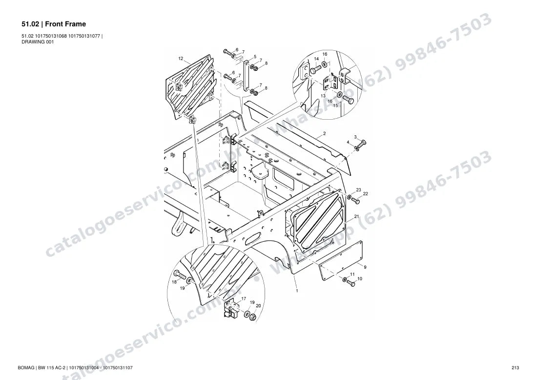 Catálogo de peças Bomag BW 115 AC-2: vista explodida do conjunto 51.02 Front Frame