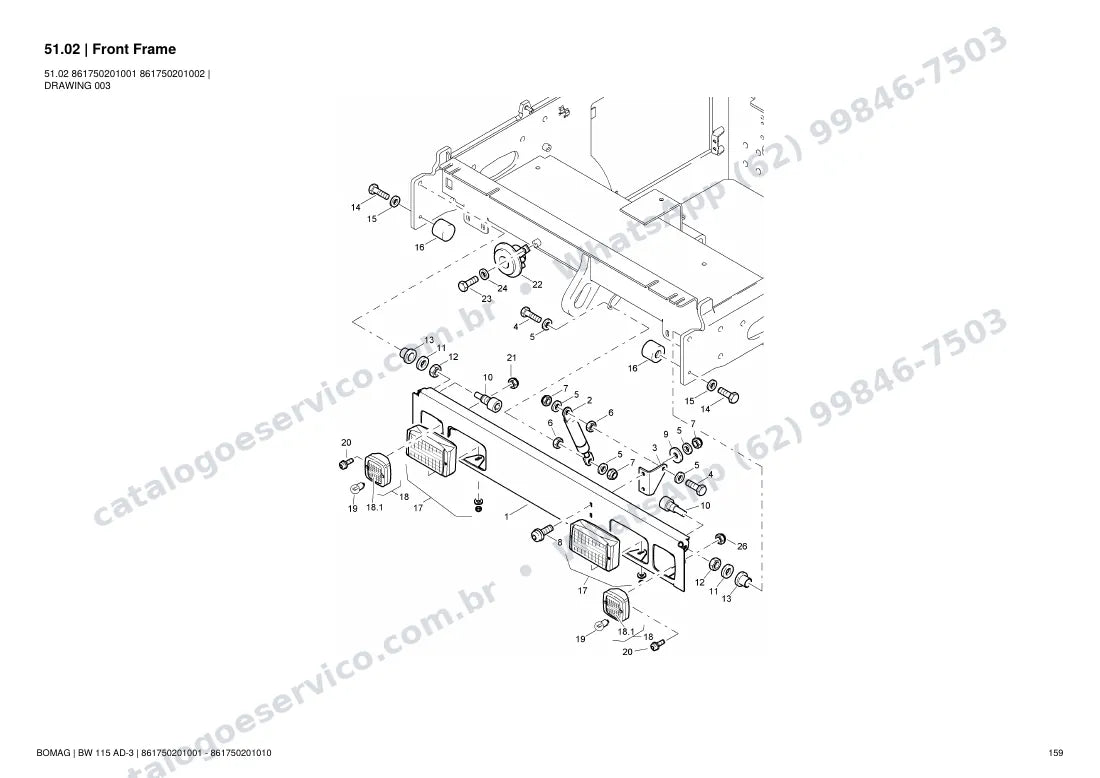 Catálogo de peças Bomag BW 115 AD-3: vista explodida do conjunto 51.02 Front Frame