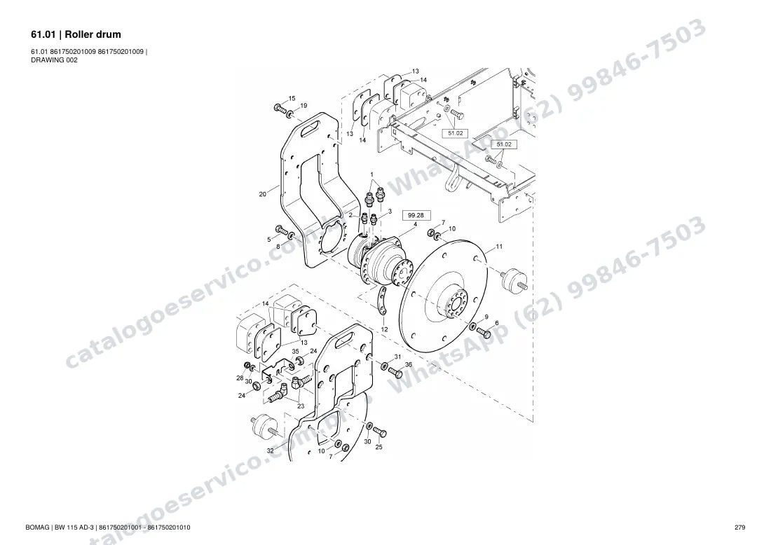 Catálogo de peças Bomag BW 115 AD-3: vista explodida do conjunto 61.01 Roller drum