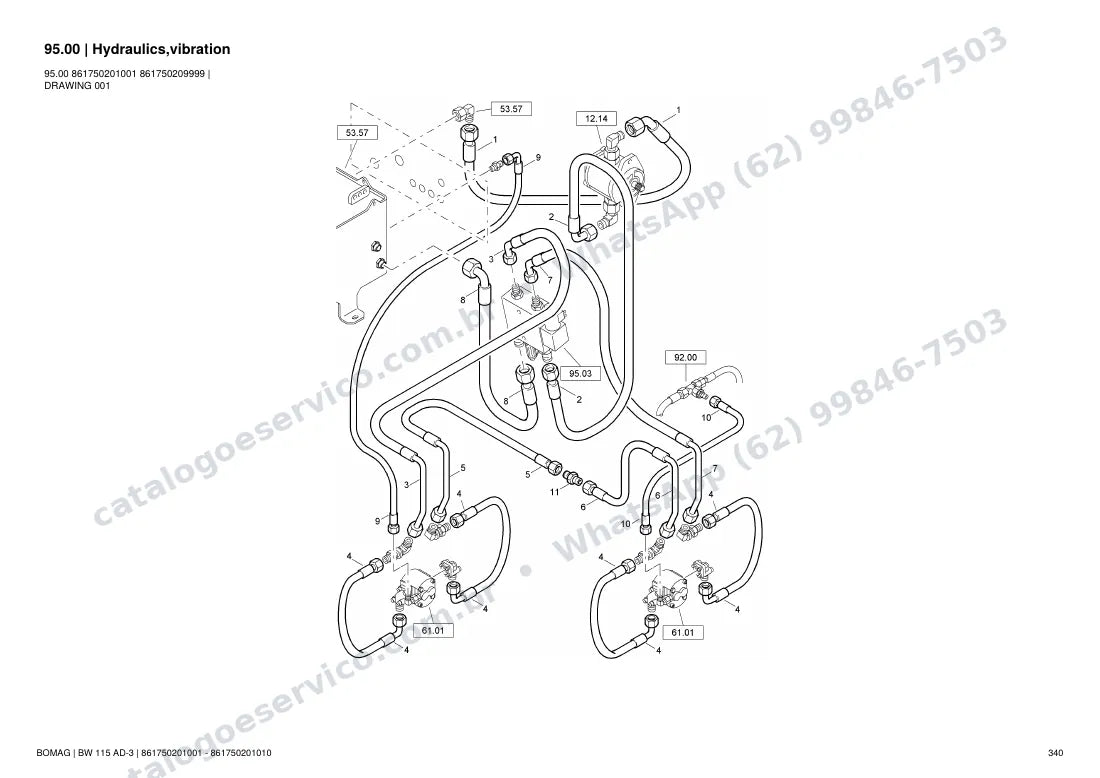 Catálogo de peças Bomag BW 115 AD-3: vista explodida do conjunto 95.00 Hydraulics,vibration
