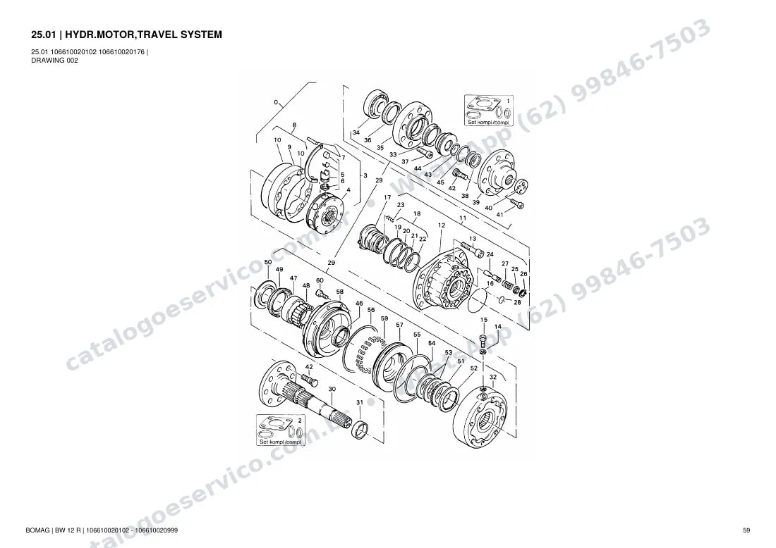 Catálogo de peças Bomag BW 12 R: vista explodida do conjunto 25.01 HYDR.MOTOR,TRAVEL SYSTEM