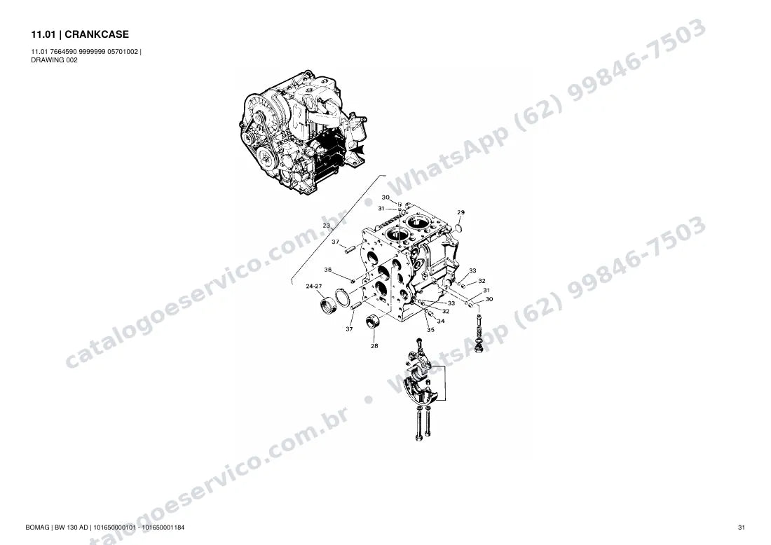 Catálogo de peças Bomag BW 130 AD: vista explodida do conjunto 11.01 CRANKCASE