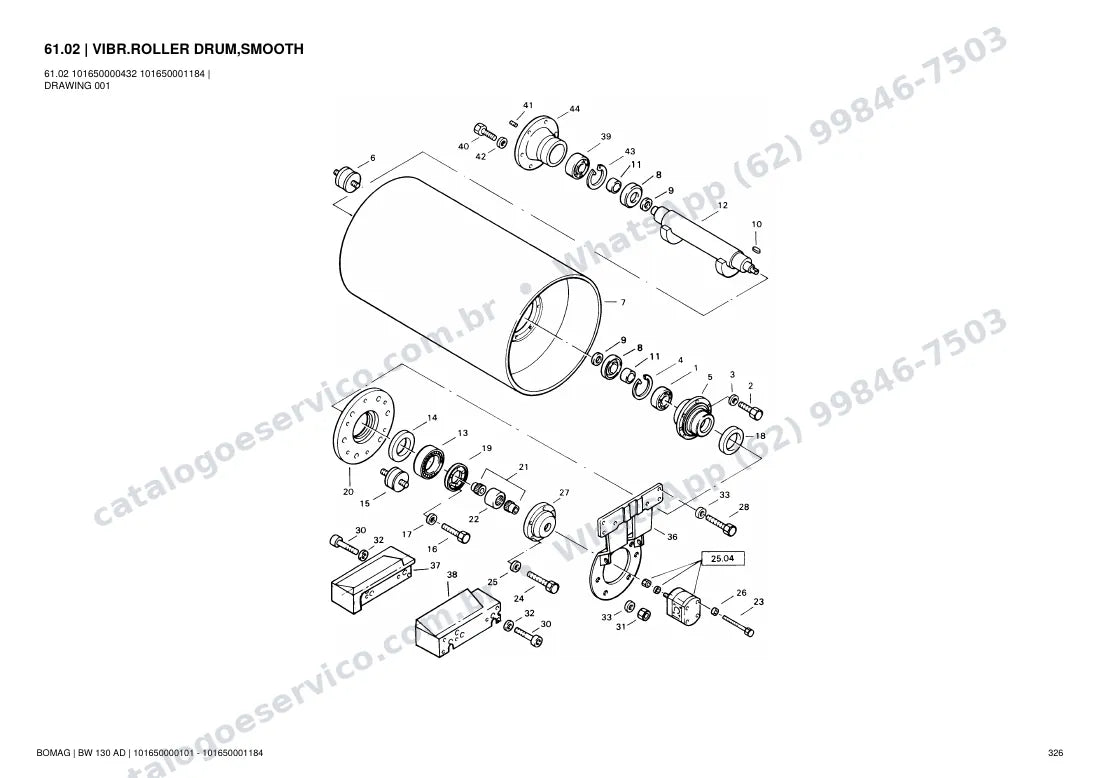 Catálogo de peças Bomag BW 130 AD: vista explodida do conjunto 61.02 VIBR.ROLLER DRUM,SMOOTH