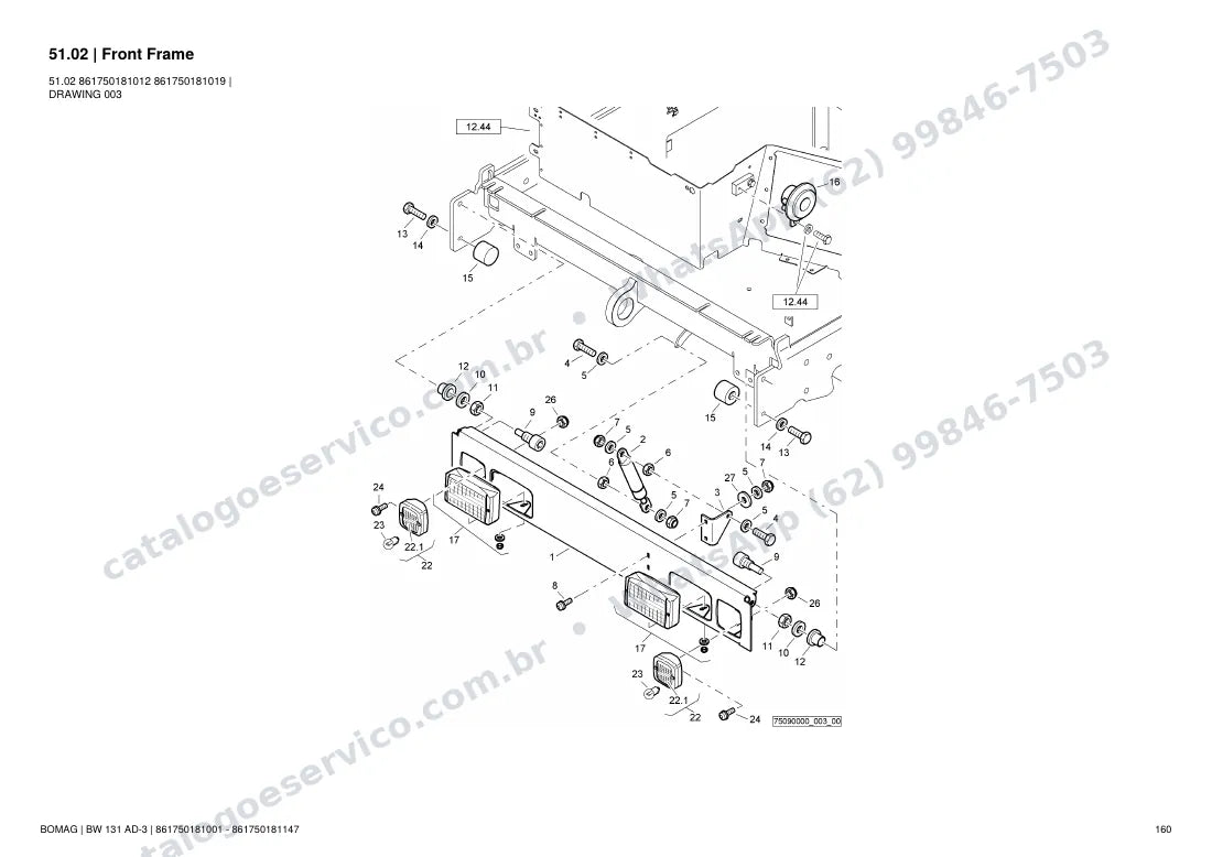 Catálogo de peças Bomag BW 131 AD-3: vista explodida do conjunto 51.02 Front Frame