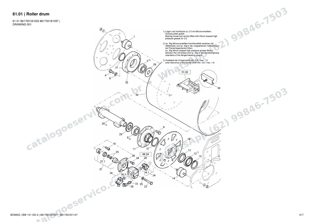 Catálogo de peças Bomag BW 131 AD-3: vista explodida do conjunto 61.01 Roller drum