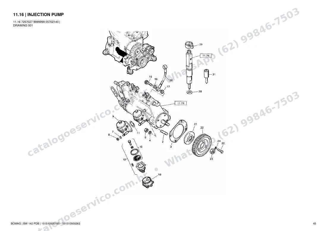 Catálogo de peças Bomag BW 142 PDB: vista explodida do conjunto 11.16 INJECTION PUMP