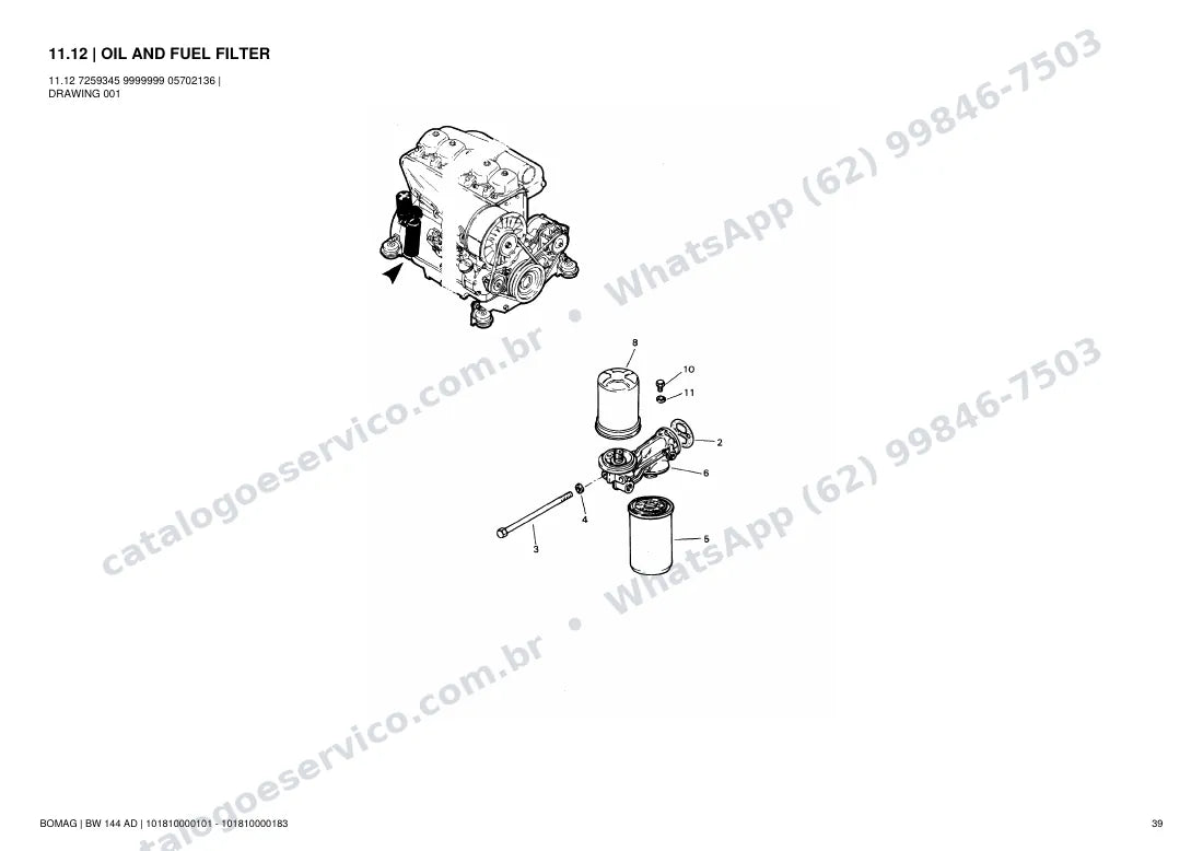 Catálogo de peças Bomag BW 144 AD: vista explodida do conjunto 11.12 OIL AND FUEL FILTER