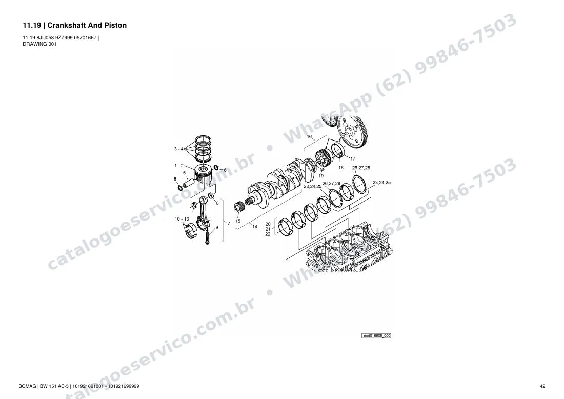 Catálogo de peças Bomag BW 151 AC-5: vista explodida do conjunto 11.19 Crankshaft And Piston