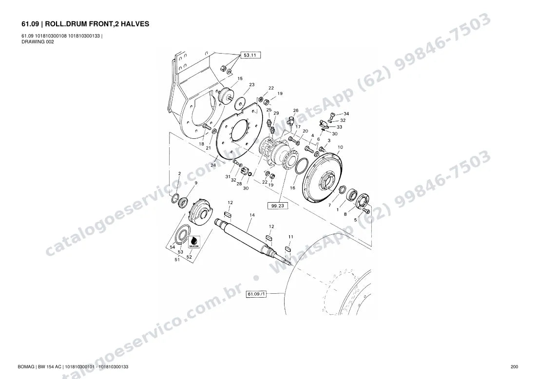 Catálogo de peças Bomag BW 154 AC: vista explodida do conjunto 61.09 ROLL.DRUM FRONT,2 HALVES