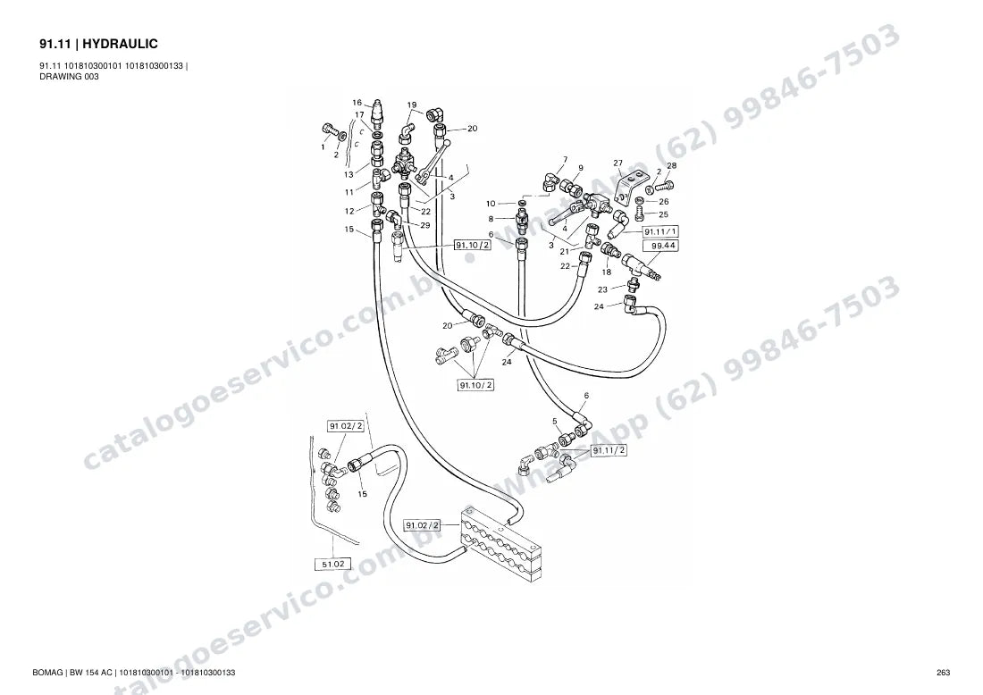 Catálogo de peças Bomag BW 154 AC: vista explodida do conjunto 91.11 HYDRAULIC