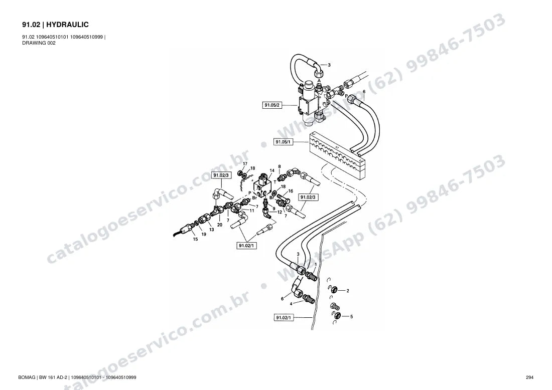 Catálogo de peças Bomag BW 161 AD-2: vista explodida do conjunto 91.02 HYDRAULIC
