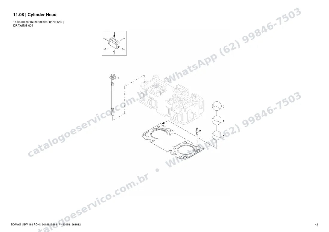 Catálogo de peças Bomag BW 166 PDH: vista explodida do conjunto 11.08 Cylinder Head