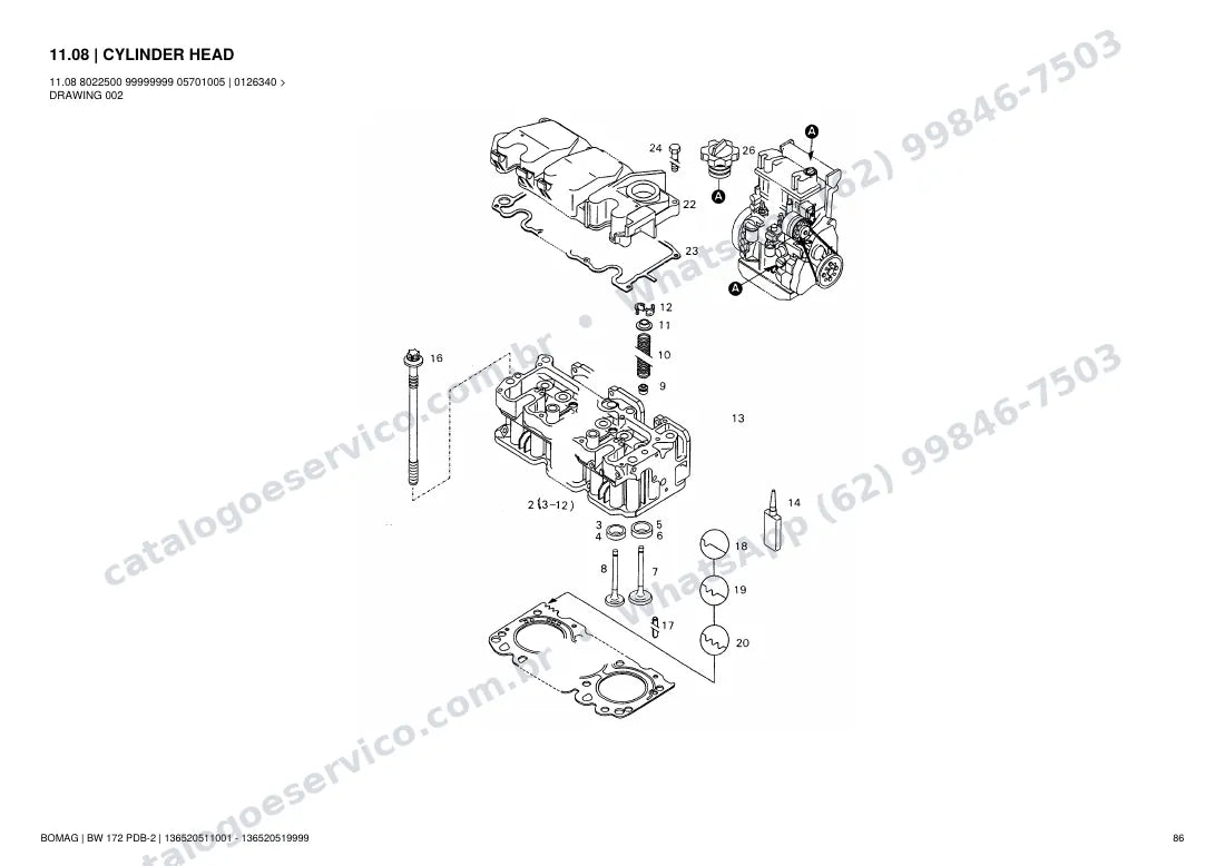 Catálogo de peças Bomag BW 172 PDB-2: vista explodida do conjunto 11.08 CYLINDER HEAD