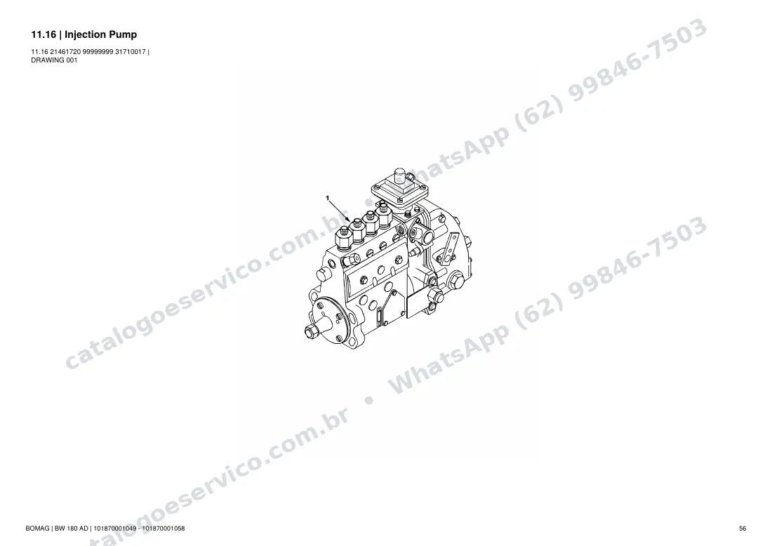Catálogo de peças Bomag BW 180 AD: vista explodida do conjunto 11.16 Injection Pump