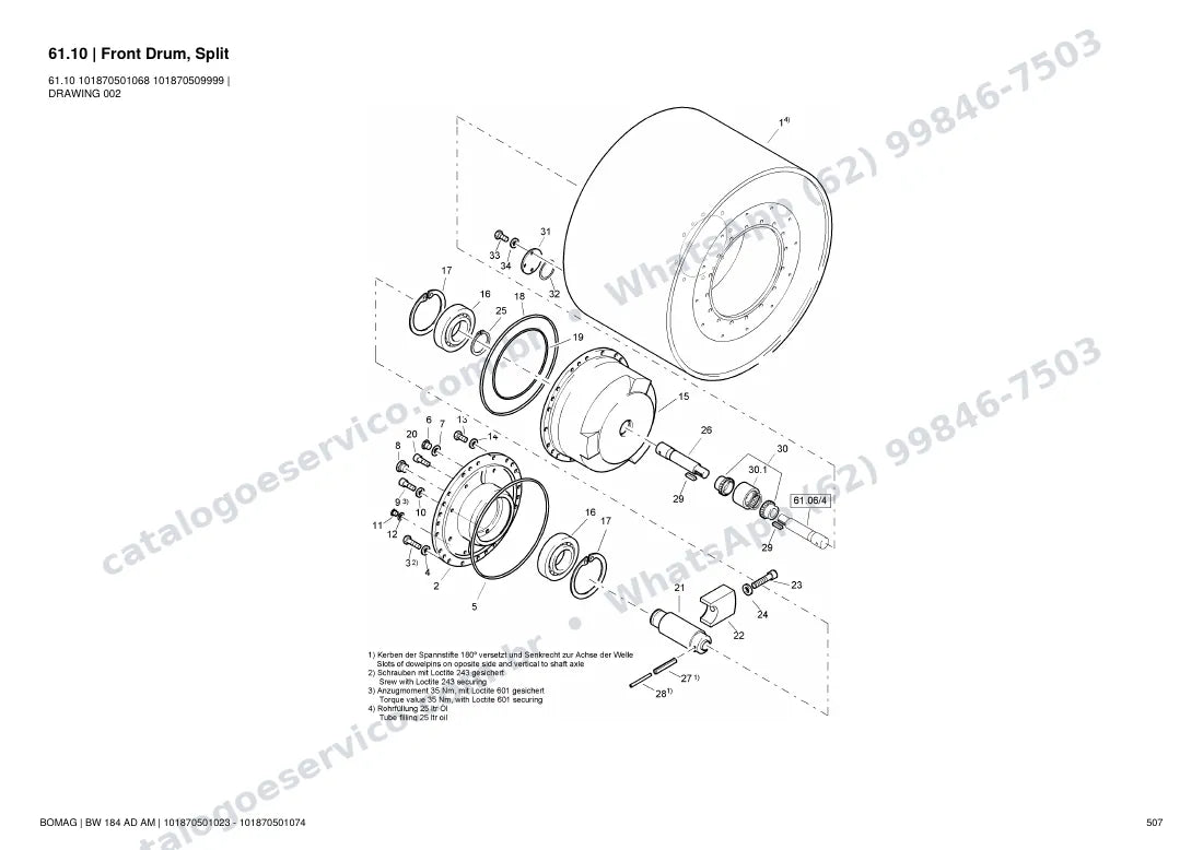 Catálogo de peças Bomag BW 184 AD AM: vista explodida do conjunto 61.10 Front Drum, Split