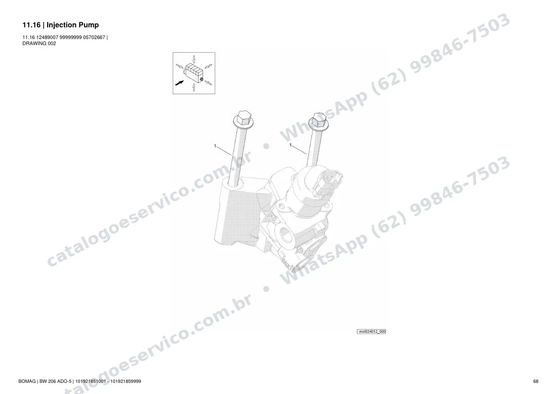 Catálogo de peças Bomag BW 206 ADO-5: vista explodida do conjunto 11.16 Injection Pump