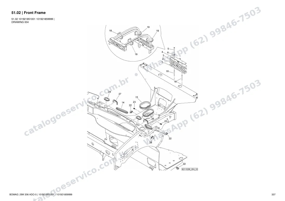 Catálogo de peças Bomag BW 206 ADO-5: vista explodida do conjunto 51.02 Front Frame