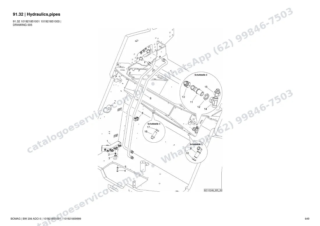 Catálogo de peças Bomag BW 206 ADO-5: vista explodida do conjunto 91.32 Hydraulics,pipes