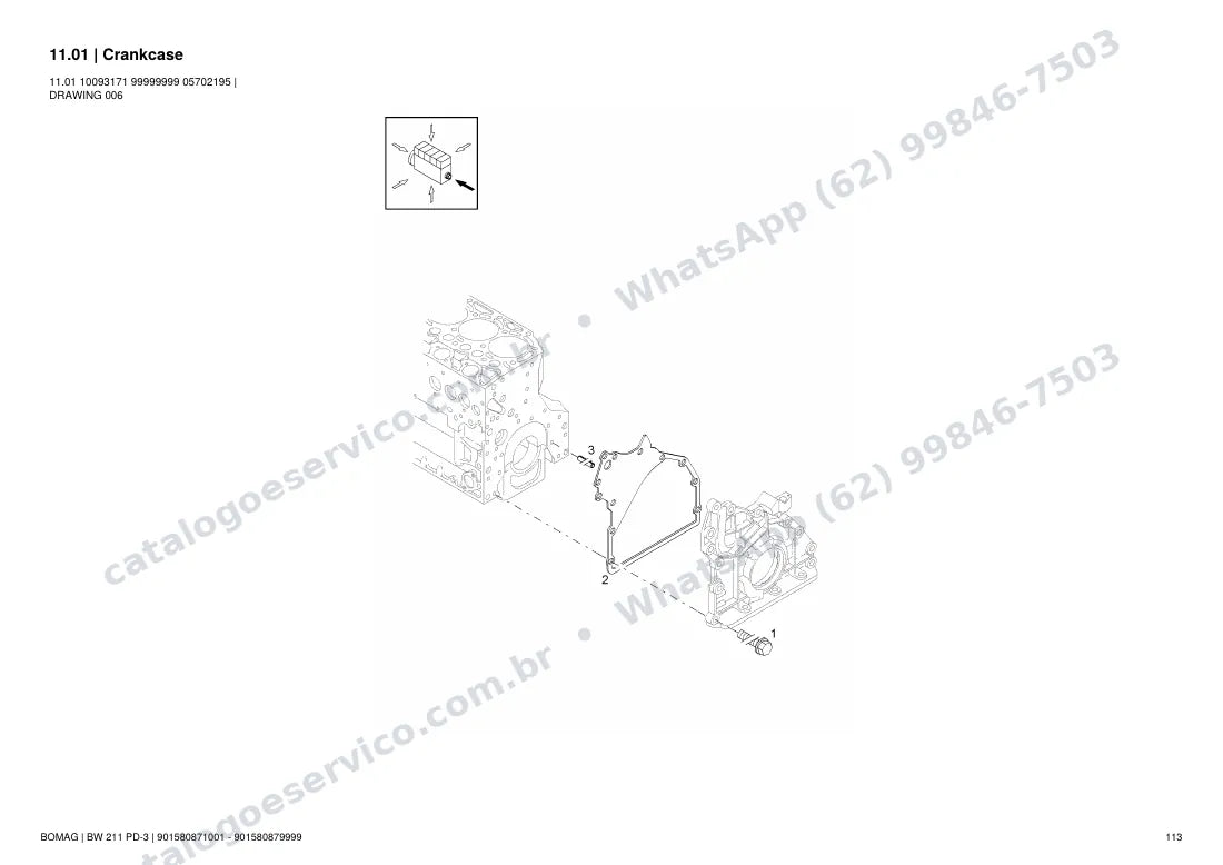 Catálogo de peças Bomag BW 211 PD-3: vista explodida do conjunto 11.01 Crankcase