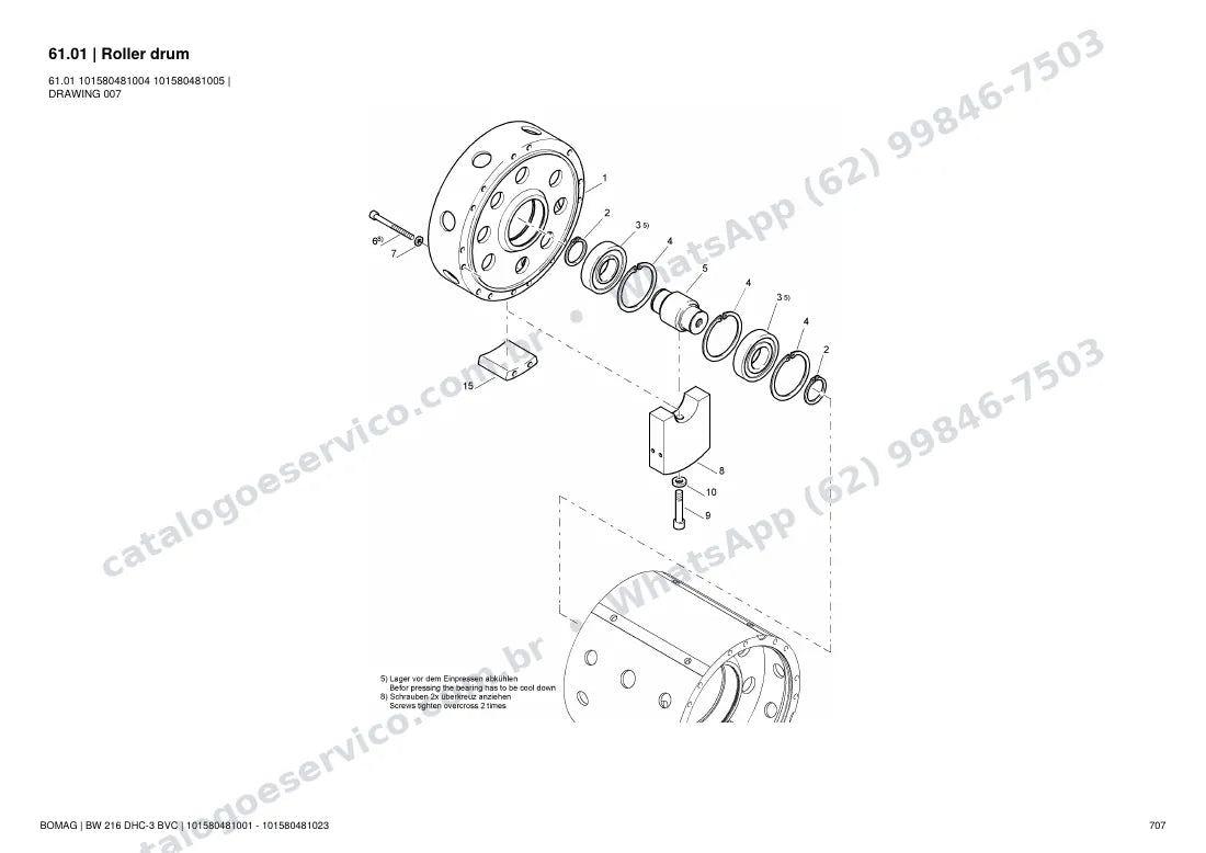 Catálogo de peças Bomag BW 216 DHC-3 BVC: vista explodida do conjunto 61.01 Roller drum