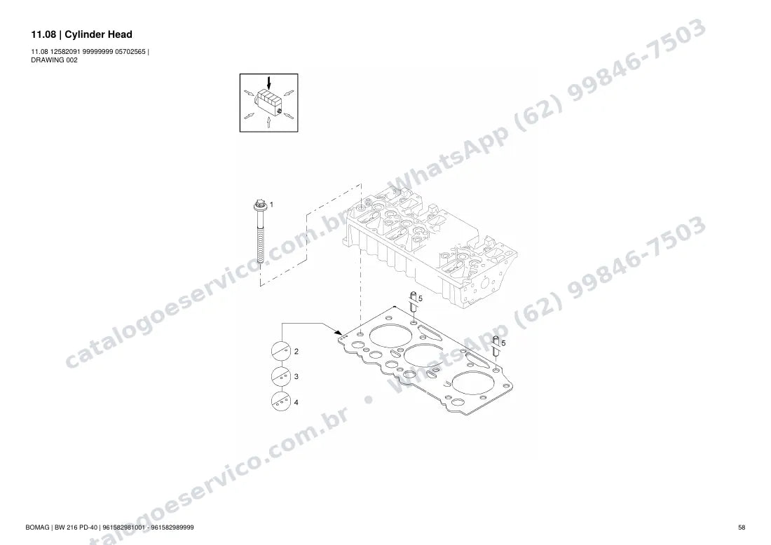Catálogo de peças Bomag BW 216 PD-40: vista explodida do conjunto 11.08 Cylinder Head