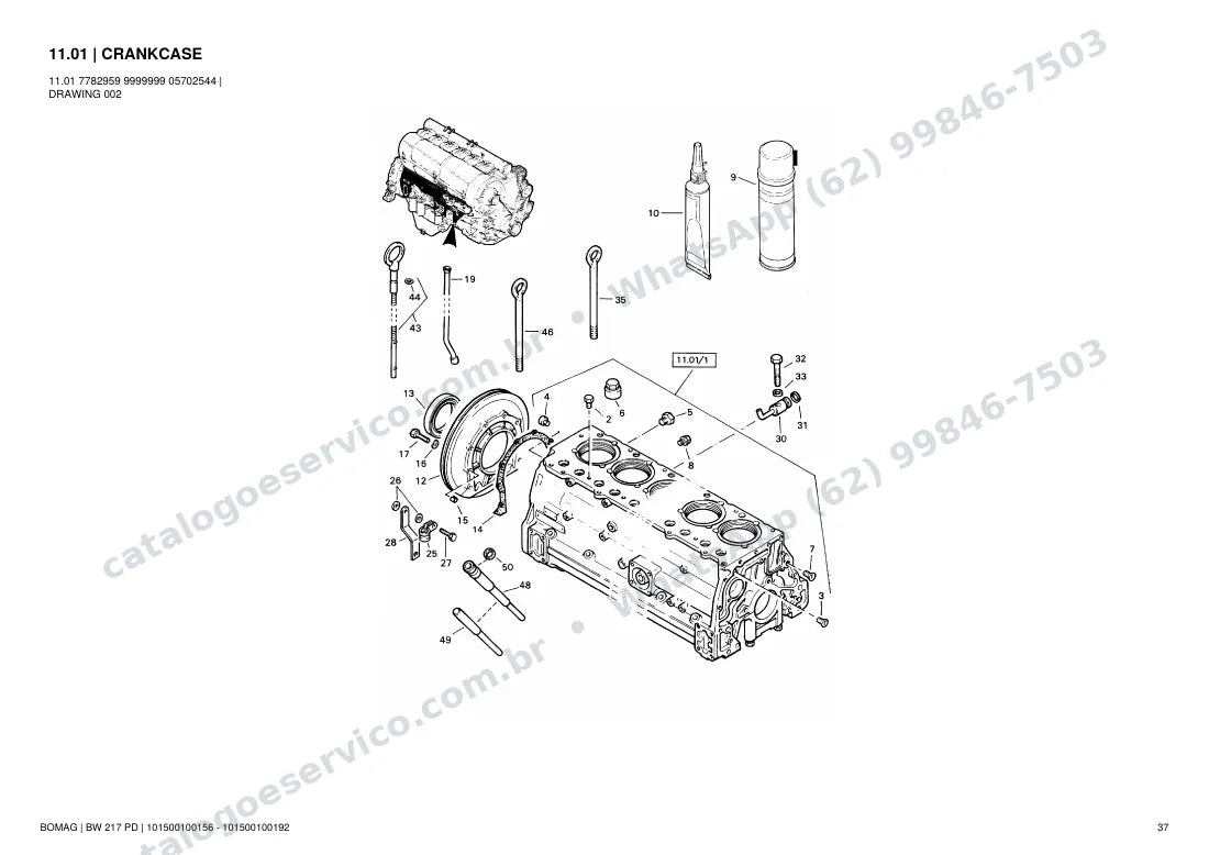 Catálogo de peças Bomag BW 217 PD: vista explodida do conjunto 11.01 CRANKCASE