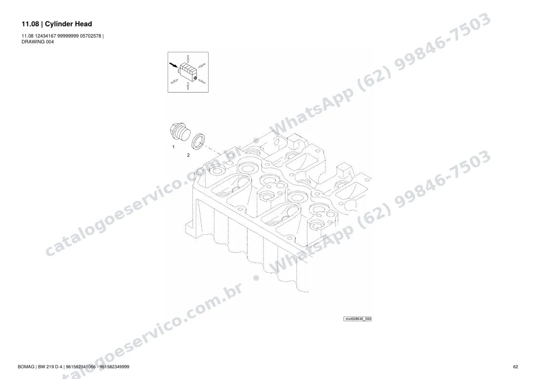 Catálogo de peças Bomag BW 219 D-4: vista explodida do conjunto 11.08 Cylinder Head