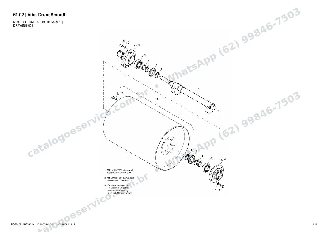 Catálogo de peças Bomag BW 62 H: vista explodida do conjunto 61.02 Vibr. Drum,Smooth