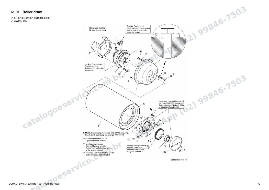 Catálogo de peças Bomag BW 65: vista explodida do conjunto 61.01 Roller drum