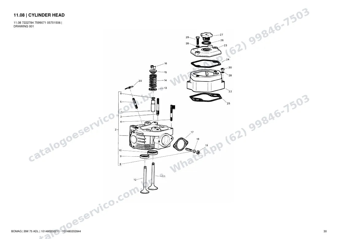 Catálogo de peças Bomag BW 75 ADL: vista explodida do conjunto 11.08 CYLINDER HEAD