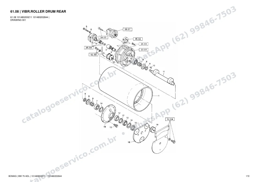 Catálogo de peças Bomag BW 75 ADL: vista explodida do conjunto 61.08 VIBR.ROLLER DRUM REAR