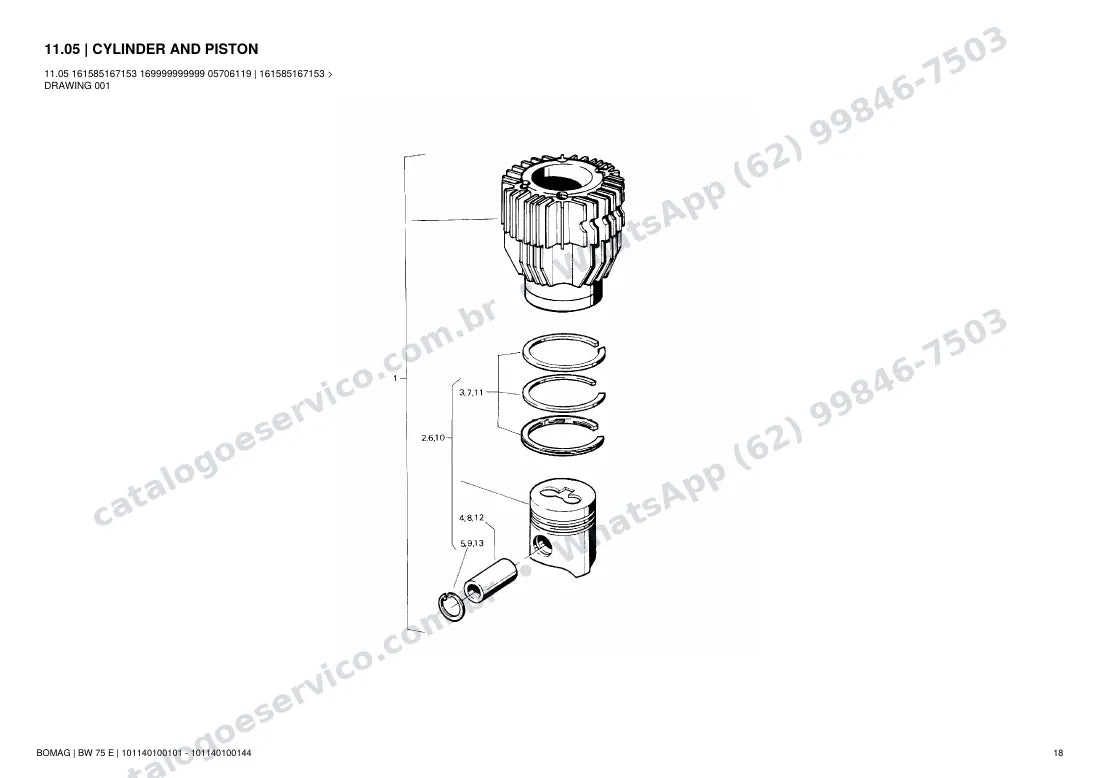 Catálogo de peças Bomag BW 75 E: vista explodida do conjunto 11.05 CYLINDER AND PISTON