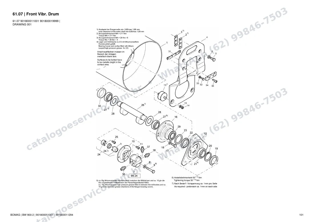 Catálogo de peças Bomag BW 900-2: vista explodida do conjunto 61.07 Front Vibr. Drum