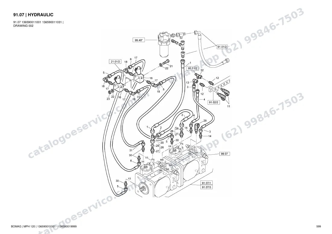 Catálogo de peças Bomag MPH 120: vista explodida do conjunto 91.07 HYDRAULIC